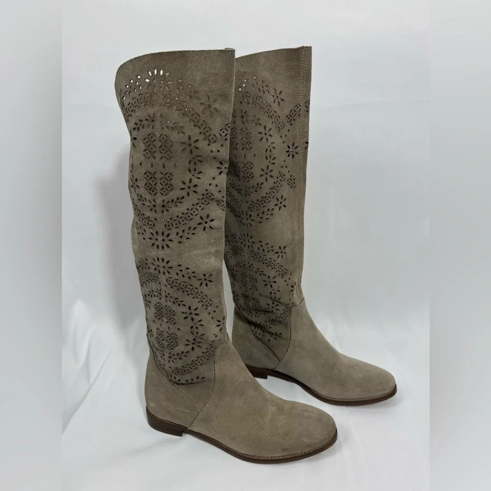 Bata Lace Cut Out Suede Leather Boots Women's Size 36 (5.5-6) Beige Tall Riding - Picture 2 of 16